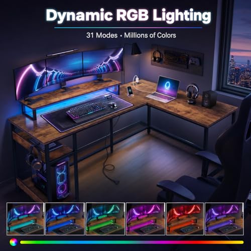 DEVAISE 60 Inch L Shaped Gaming Desk with LED Lights, Rustic Brown | Steel frame and engineered wood desktop with 2 AC outlets, 2 USB ports, monitor stand, and shelves for gaming setups - size: 60 Inch