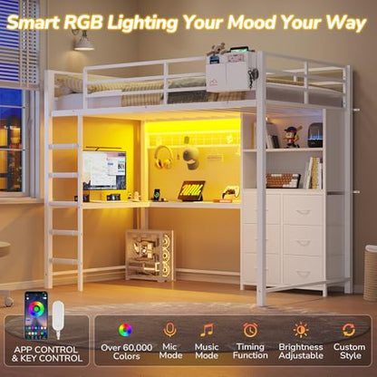 DICTAC Twin Loft Bed with L Shaped Desk,Storage Bookshelf & Drawers, White | Metal Loft Bed Features Charging Station, Smart RGB LED Lights and 6 Fabric Storage Drawers & Shelves, Safety Guardrail - color: White