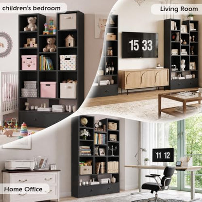 PUKAMI 65" Tall Bookshelf with Drawers, 4-Tier Open Display Bookcase with 11 Storage Cubes, Modern Freestanding Organizer for Living Room Home Office, Black - color: Black