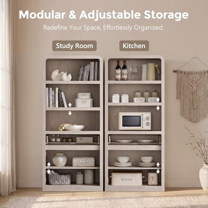 72" Tall Modern Bookshelf with Doors, 5-Tier Large Bookcase w/Drawer, Wooden Storage Cabinet w/Adjustable Shelves, Versatile Book Shelf w/Curved Profile Design for Living Room, Office, Cream - color: Cream