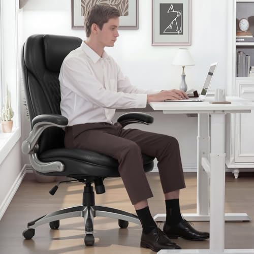 COLAMY Executive Office Chair-Ergonomic Computer Desk Chair, High Back Leather Chair with Padded Flip-up Arms, Swivel Home Office Chair, Black - color: Black, size: set of 1