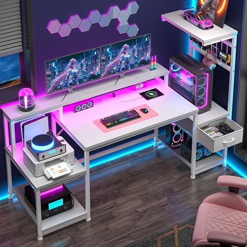 DurayLoly 55" Gaming Desk with,RGB LED,Headphone Hook Shelves for Bedroom - color: White, size: 19.6"Dx55"Wx51"H