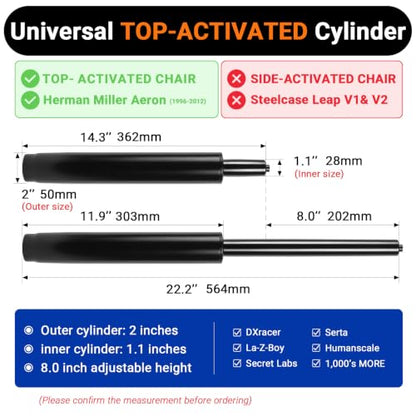 14-22 Inches Extra Long Office Chair Cylinder, TOP-Activated - color: Matte Black, size: 8‘’ Height Range