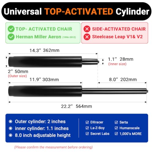 14-22 Inches Extra Long Office Chair Cylinder, TOP-Activated - color: Matte Black, size: 8‘’ Height Range