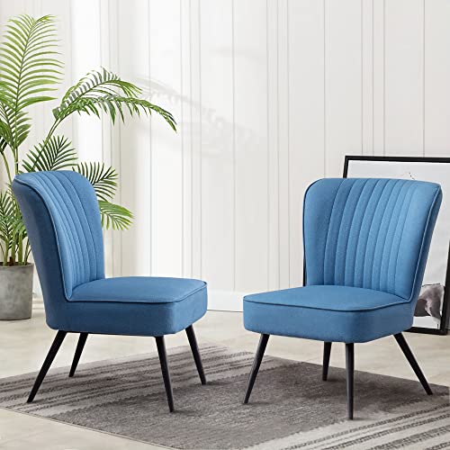 Alunaune Modern Blue Accent Chair Set of 2 Living Room Chairs, Upholstered Bedroom Furniture Sets Armless Slipper Reception Club Chair Guest Couch Comfy Wingback Single Sofa - color: Blue