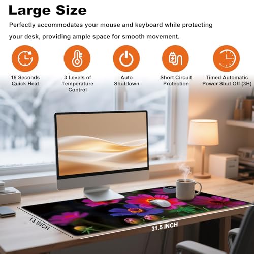 Heated Desk Pad 31.5" x 13" 3 Large Heated Mouse Pad with Heat Levels (40°C/45°C/50°C) & 3H Auto Shut-Off Desk Mat Fast Heating PU Leather Warmer Mousepad for Home Office - Floral Flowers - color: Floral Flowers, size: 31.5 x 13 inch