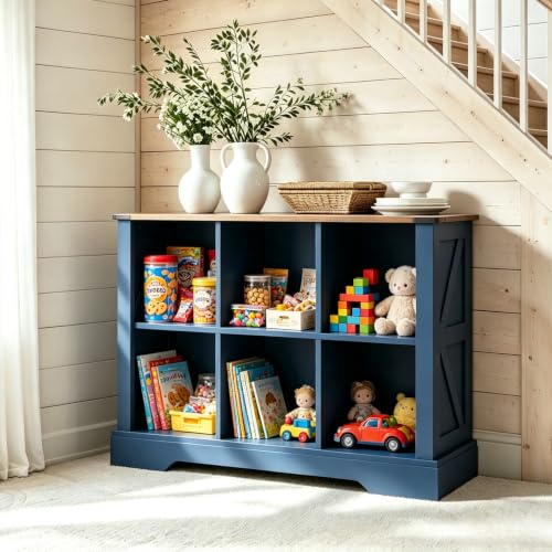6 Cube Storage Organizer, Wood Cube Bookshelf with LED Lights, Horizontal Storage Cubes, Kids Bookshelf, Display Cabinet Cubby Shelf for Living Room Home Office Bedroom，Navy Blue - color: Navy Blue, size: 6