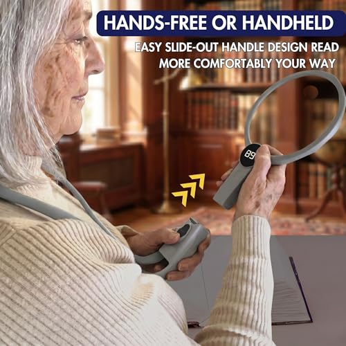 MAGNIPROS Hands-Free Magnifying Glass with Light for Seniors, 5X/10X Rechargeable GooseNeck Magnifier, 3 Color Light Modes, LCD Display, Reading, Sewing, Crafts
