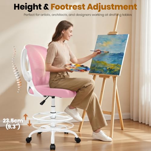 Primy Drafting Chair Tall Office Chair with Flip-up Armrests Executive Ergonomic Computer Standing Desk Chair with Lumbar Support and Adjustable Footrest Ring (Pink) - color: Pink, size: 934-Z