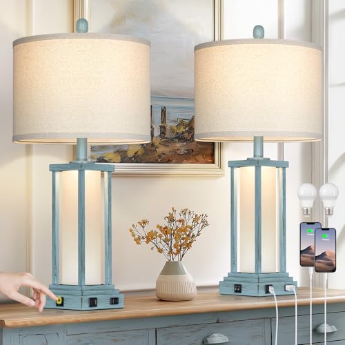 Cinkeda 27" Tall Vintage Table Lamp Set of 2 with USB C+A & Outlet,Nightstand Lamp for Living Room,Coastal Bedside Lamps with Frosted Glass Night Light for Bedroom Entryway,Blue - color: Blue
