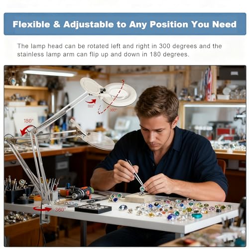 Magnifying Glass with Light,10X LED Dimmable Lighted Desk Lamp with Clamp and Stand,Hands Free Magnifier-Adjustable Stainless Steel Arm for Close Work Reading Hobbies Crafts Painting Sewing