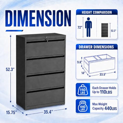 4 Drawer File Cabinet with Lock, Metal File Cabinet, Black - color: Black, size: 52.3"H - 4 Drawer
