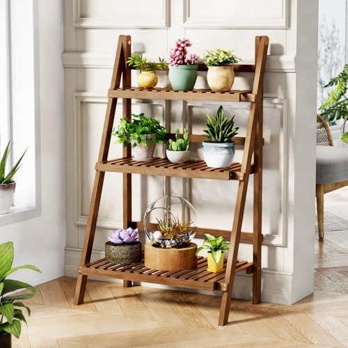 Ladder Shelf, Foldable Plant Shelf Stand, 3-Tier Bamboo Bookshelf, 39.4In - color: 3-tier Walnut