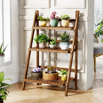 Ladder Shelf, Foldable Plant Shelf Stand, 3-Tier Bamboo Bookshelf, 39.4In - color: 3-tier Walnut