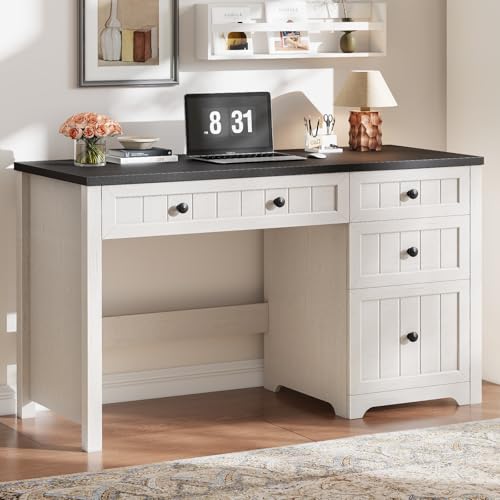 Vabches Farmhouse Executive Desk with 4 Drawers, Home Office Desk with File Drawer, Wood Computer Desk with Storage, Rustic Office Desk for Work Study Writing, Black White - color: Black White