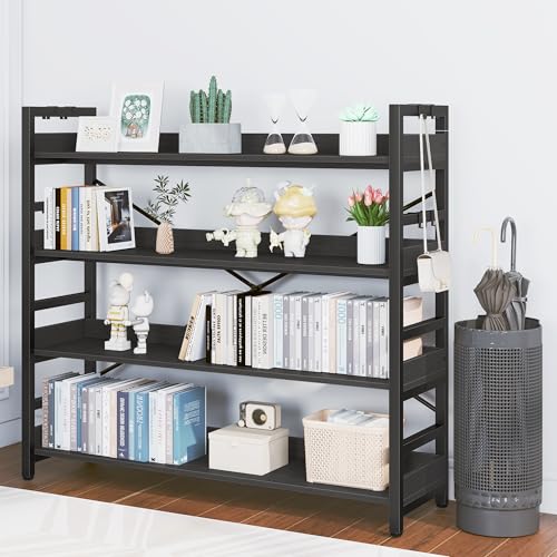 HCHQHS Bookshelf, Adjustable Industrial Bookcase, Vertical Tall Book Shelf, Wood and Black Metal Open Bookshelves for Home Office, Living Room, Bedroom (Black, 4-Tier (47" W x 44" H)) - color: Black, size: 4-Tier (47"W x 44"H)