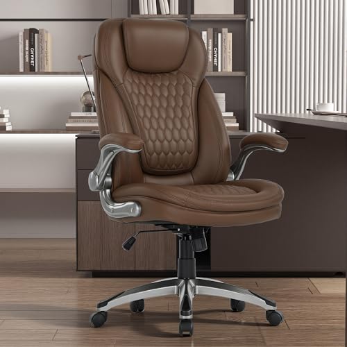 COLAMY Office Chair Ergonomic Desk Chair-Executive Office Chair with Upgraded Caters, High Back Computer Chair Flip-up Arms, Strong Metal Base, Swivel Leather Chair for Work/Study, 300lbs, Brown - color: Brown, size: set of 1