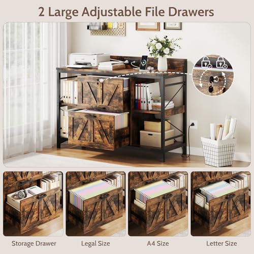44" File Cabinet, Lateral Filing Cabinet for Home Office with 2 Drawers, Office Storage Cabinet with Lock and Key, Wooden Printer Stand with 4 Storage Shelves, Power Outlets, Bookshelf, Rustic Brown - color: Rustic Brown