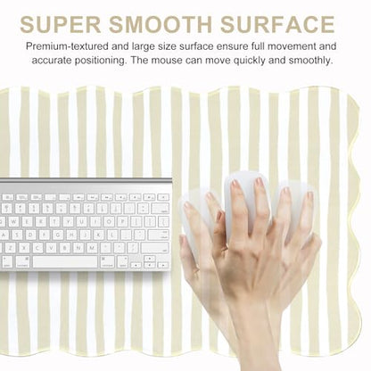 L-SPOUTTO Beige Striped Mouse Pad,Scalloped Desk Mat XXL Large Geometric Gaming Mousepad,35.4x15.7in Non-Slip Rubber Base Keyboard Pad Waterproof Desktop Mat for Laptop Computer Game Home Office - color: Beige Striped