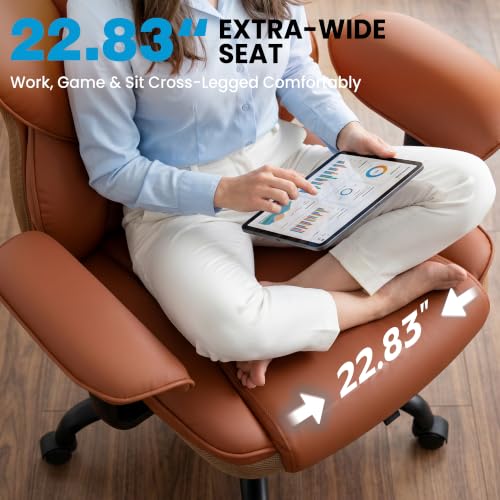 ALLGOD Office Desk Chair, Big and Tall Executive Chair with Lumbar Support, High Back Computer Gaming Chair, PU Leather with Pocket Spring Cushion, Adjustable Armrests and Footrest, Brown - color: Brown