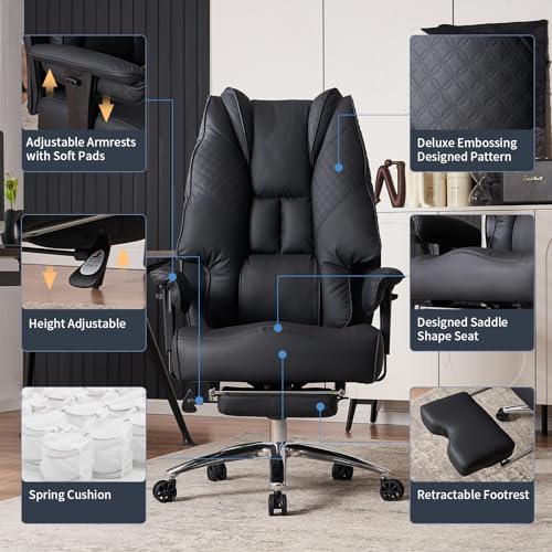 EXCEBET Big and Tall Office Chair 400lbs Wide Seat, Leather High Back Executive Office Chair with Foot Rest, Ergonomic Chairs Lumbar Support for Lower Back Pain Relief (Black) - color: All Black
