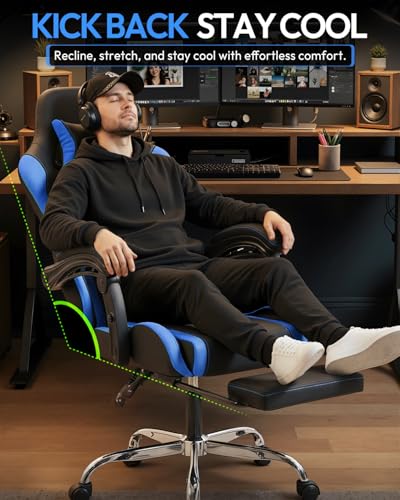 Dowinx Ergonomic Gaming Chair with Footrest & Massage Lumbar, 2D-Linkage Armrests for Computer Chair 330lbs with Headrest Pillow for Office, Home, Streaming and Long Gaming Sessions, Blue - color: Blue