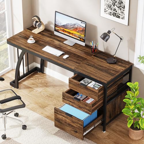 Tribesigns 59 Inch Computer Desk with 3 Drawers, Industrial PC Desk Study Writing Table Workstation with File Storage, Home Office Desks with Large Desktop and Metal Frame, (Rustic Brown) - color: Rustic Brown