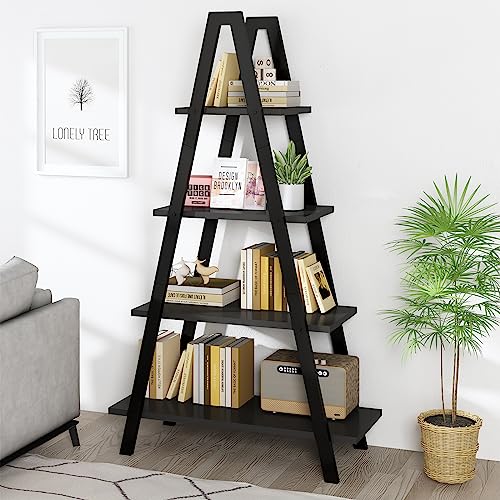 Recaceik 4-Tier A-Shaped Ladder Bookshelf, Industrial Wooden Bookcase with Metal Frame, Farmhouse Open Display Shelves for Living Room, Bedroom, Office - color: Black