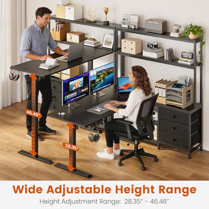 REAHOME 65Inch Black L Shaped Standing Desk with Drawers and Hutch | Charging Station, RGB LED lights, Reversible Desk, File Drawer& Storage Cabinet for home office, Dual Motor Sit Stand Frame - color: Black
