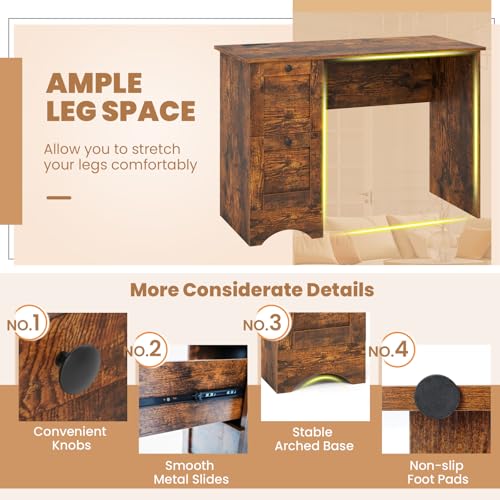 Giantex Computer Desk with 2 Drawers, 43” Wooden Home Office Desk with Charging Station, Compact Study Writing Desk, Modern Laptop PC Desk Workstation for Bedroom, Living Room (Rustic Brown) - color: Rustic Brown