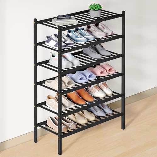 Smiry Bamboo Shoe Rack for Closet, 6 Tier - 26.77" Wide, Black | Stackable Wooden Shoe Organizer, Wood Shoe Storage Shelf for Entryway, 14 Vertical Slats, Reinforced Legs - color: Black, size: 6 Tier - 26.77" Wide