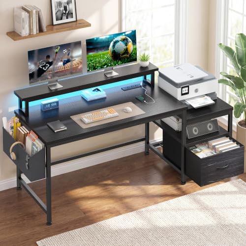 EnHomee 56.5" Office Desk with Drawers & Printer Space for Home Work,Black - color: Black, size: 56.5" With LED Light