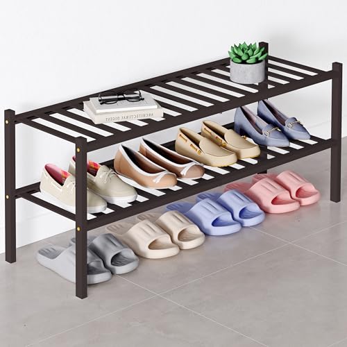 Smiry Bamboo Shoe Rack for Closet, 2 Tier - 33.86" Wide, Brown | Stackable Wooden Shoe Organizer, Wood Shoe Storage Shelf for Entryway, 16 Vertical Slats, Reinforced Legs - color: Brown, size: 2 Tier - 33.86" Wide