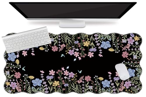 L-SPOUTTO Black Floral Mouse Pad,Scalloped Desk Mat XXL Gaming Mousepad | Botanical 35.4x15.7in Large Non-Slip Rubber Base Keyboard Pad Waterproof Desktop Mat for Laptop Computer Game Home Office - color: Flowers