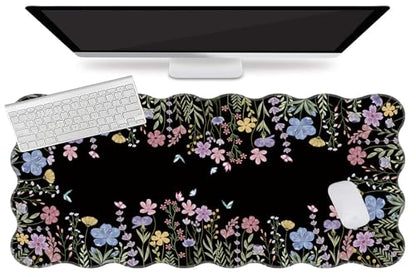 L-SPOUTTO Black Floral Mouse Pad,Scalloped Desk Mat XXL Gaming Mousepad | Botanical 35.4x15.7in Large Non-Slip Rubber Base Keyboard Pad Waterproof Desktop Mat for Laptop Computer Game Home Office - color: Flowers