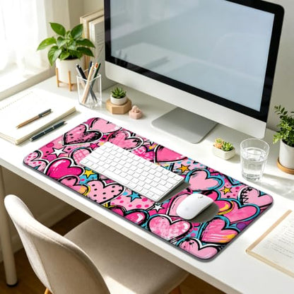 Pink Heart Star Large Mouse Pad & Desk Mat for Game, Office & Home | 31.5"x11.8"x0.12", HD Print, Long, Extended, Ultra-Smooth Surface, Non-Slip Rubber Base, Stitched Edges, Office Accessories - color: Xk06