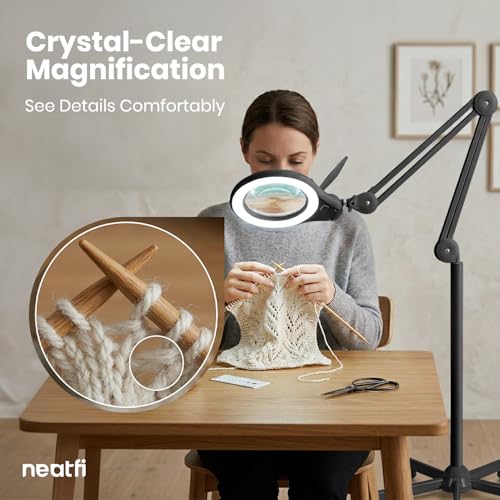 Neatfi LED Magnifying Floor Lamp 1,200 Lumens – 5” Bifocal Glass Lens, Dual Magnification 2.25X + 6X, Dimmable Task Light | Adjustable Arm, Rolling Base | Reading, Crafting & Sewing (Black, 5 Inches) - color: Black, size: 5 Inches