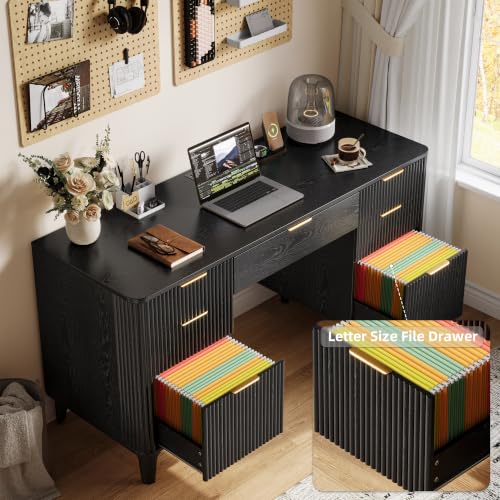 55.1" Fluted Executive Desk with Drawers, Wood Computer Desk with Storage Cabinet, Home Office Desk with Charging Station, Farmhouse Desk with File Cabinet for Office Home - color: Black With 4 Legs