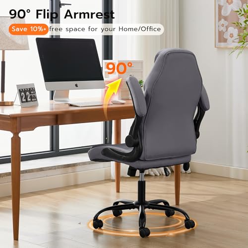 Ylzyxal Office Desk Chair, Ergonomic Computer Chair with Padded Flip-Up Arms and Adjustable Lumbar Support, PU Leather Executive Chair with Tilt Lock and 360° Swivel Rolling Wheels for Work, Study - color: Grey