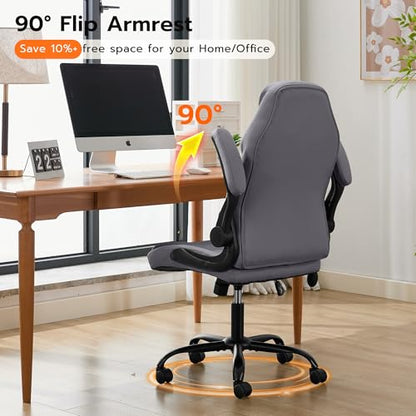 Ylzyxal Office Desk Chair, Ergonomic Computer Chair with Padded Flip-Up Arms and Adjustable Lumbar Support, PU Leather Executive Chair with Tilt Lock and 360° Swivel Rolling Wheels for Work, Study - color: Grey