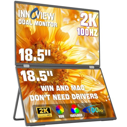 InnoView 18.5" Dual Portable Monitor 100Hz 2K 2560x1440P 100% sRGB Foldable & Stackable Design with 315° Screen Adjustment | DP/USB-C/HDMI, Second Monitor for Laptop, Mac, Windows - size: 18.5 inch