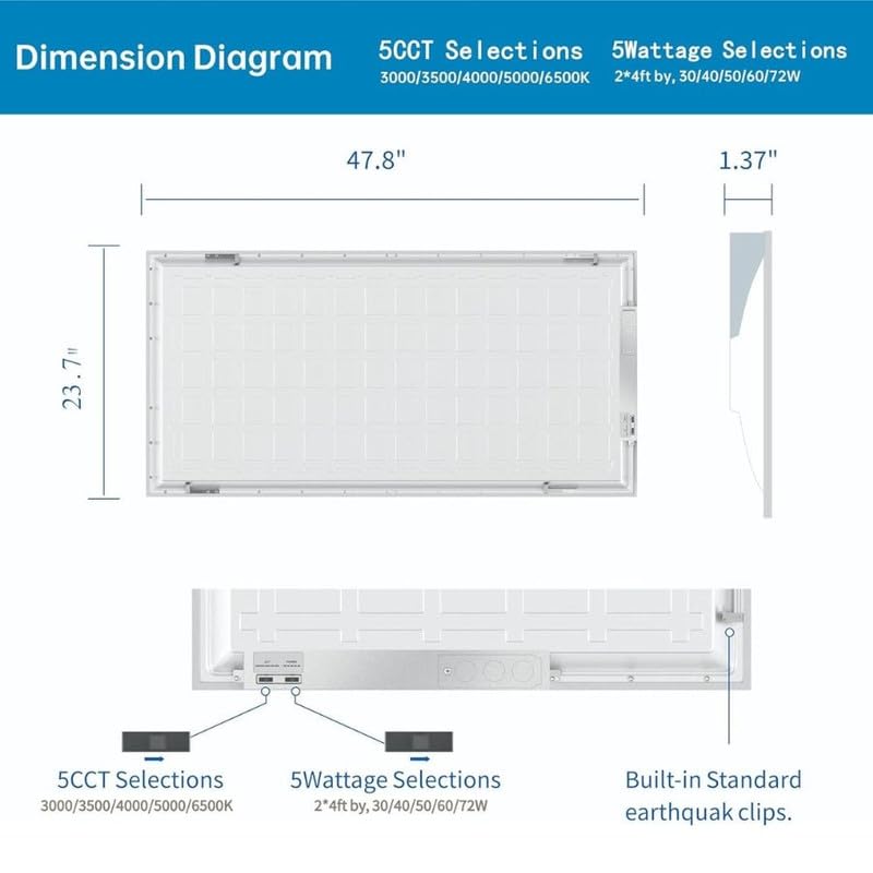 6 Pack 2x4 LED Flat Panel Light for Drop Ceiling, 9360lm Selectable 30W/40W/50W/60W/72W, Color Temperature 3000K/3500K/4000K/5000K/6500K, 0-10V Dimmable, 120-277V, ETL - size: 6 Pack - 2x4 FT