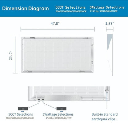 6 Pack 2x4 LED Flat Panel Light for Drop Ceiling, 9360lm Selectable 30W/40W/50W/60W/72W, Color Temperature 3000K/3500K/4000K/5000K/6500K, 0-10V Dimmable, 120-277V, ETL - size: 6 Pack - 2x4 FT