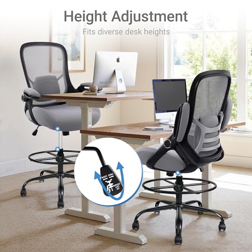 HYLONE 400lbs Heavy Duty Drafting Chair 5" Thickened Seat Office Chair with Flip-Up Armrests Tall Ergonomic Computer Chair with Lumbar Support and Adjustable Footrest Ring Standing Desk Chair(Grey) - color: Dark Drey