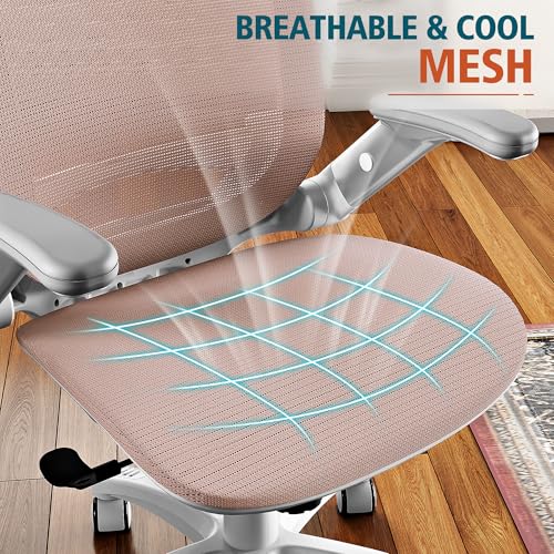 GABRYLLY Ergonomic Office Chair, High Back Home Desk Chair with 2D Flip-Up Arms, 3D Headrest, 90-120° Tilt and Wide Cushion, Big and Tall Mesh Chairs for Man Woman, White Computer Task Chair Pink - color: White Frame Pink Mesh