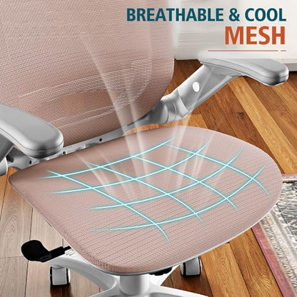GABRYLLY Ergonomic Office Chair, High Back Home Desk Chair with 2D Flip-Up Arms, 3D Headrest, 90-120° Tilt and Wide Cushion, Big and Tall Mesh Chairs for Man Woman, White Computer Task Chair Pink - color: White Frame Pink Mesh