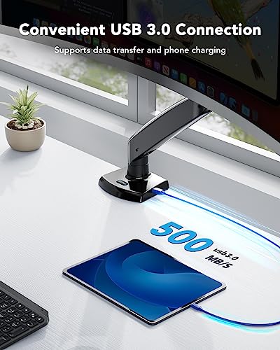 HUANUO Single Monitor Arm for 13-49 inch Screens, Ultrawide Computer Monitor Mount Holds 26.48 lbs, Upgraded Adjustable Stand with USB, C-Clamp & Grommet Base, VESA 75x75 or 100x100mm
