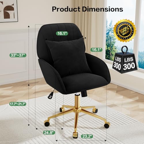 Home Office Desk Chair Comfy with Adjustable Swivel Wheels, Modern Velvet Makeup Vanity Chair with Back & Pillow, Ergonomic Office Chair Computer Task Chair for Living Room, Bedroom, Black - color: Black