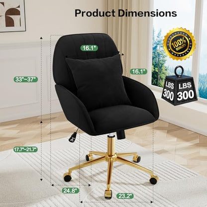Home Office Desk Chair Comfy with Adjustable Swivel Wheels, Modern Velvet Makeup Vanity Chair with Back & Pillow, Ergonomic Office Chair Computer Task Chair for Living Room, Bedroom, Black - color: Black