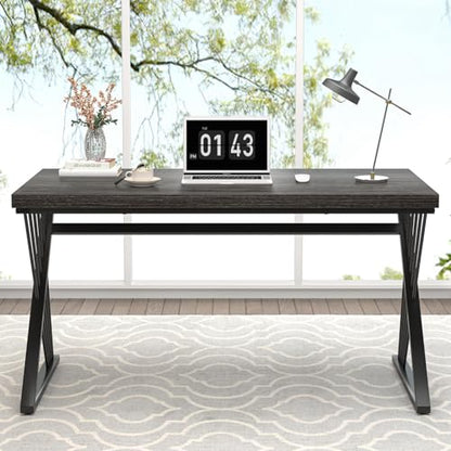 Modern Home Office Desk, Rustic Wood and Metal Computer Desk, Writing Study Gaming Table PC Desks for Living Room Bedroom, Industrial Dark Gray, 53 inch - color: Dark Gray, size: 53 Inch